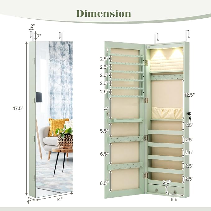 NAFORT 2 LEDs Mirror Jewelry Organizer, 47.5-Inch Borderless Full Length Mirror Jewelry Armoire, Lockable Wall Mounted Jewelry Cabinet, Jewelr Storage Box for Valentine’s Day Gift, Laurel Green