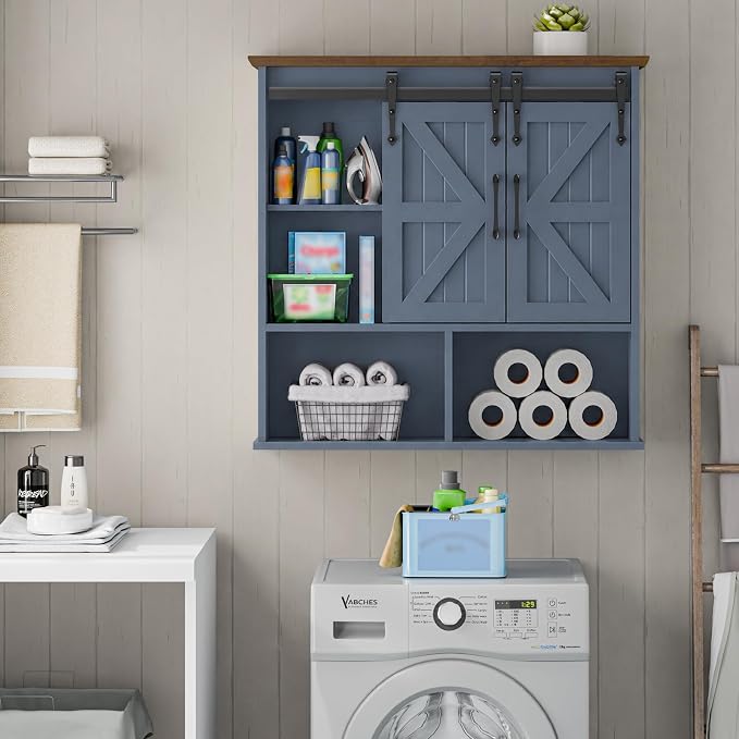 Vabches Bathroom Wall Cabinet, Farmhouse Medicine Cabinet, Navy Blue | Wooden Vintage Storage Cabinet Wall Mounted with Double Sliding Barn Door and Adjustable Shelf for Bathroom, Kitchen