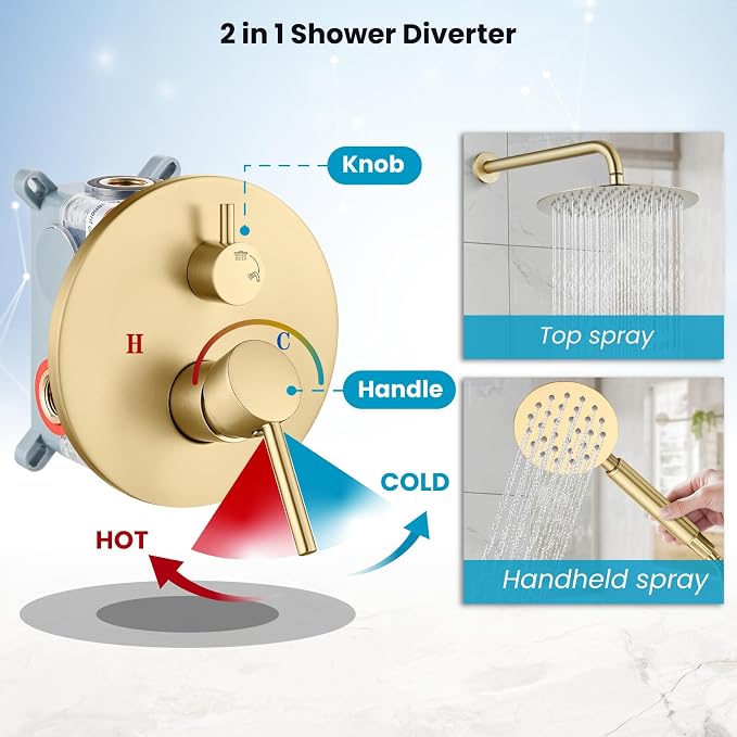 gotonovo High Pressure Shower System Valve and Trim Kit,Brushed Gold | Round Rain 10 Inch Shower Head with Handheld Faucet Set Complete,Rough In Valve,2-in-1 Diverter,All Metal,Bathroom Wall Mount