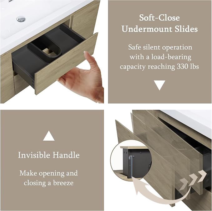 48 Inch Floating Bathroom Vanity with Sink, Large Storage Wall Mounted Floating Vanity with Soft Close Drawers, One-Piece Basin Bathroom Sink Cabinet (Natural Oak, 48")