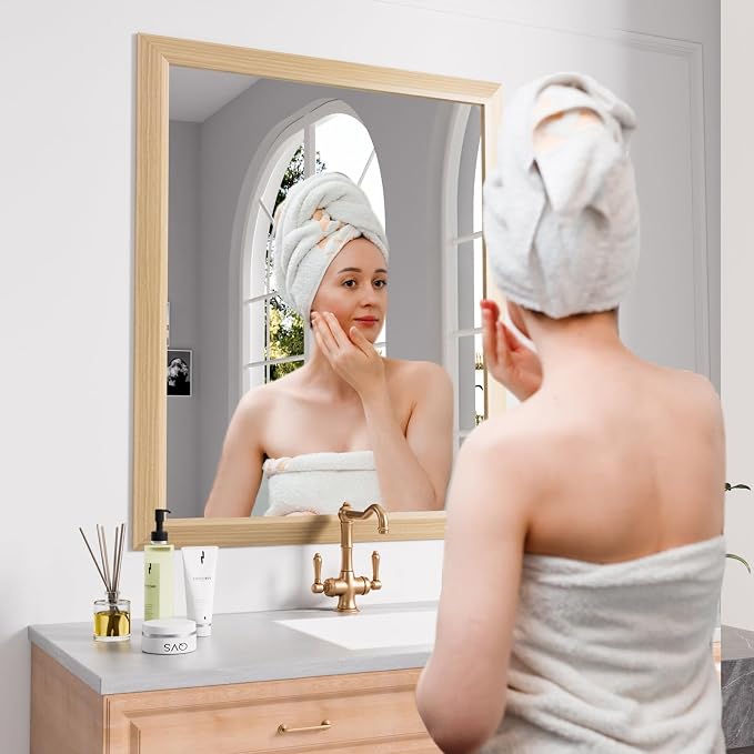 Bathroom Mirror, 30" X36" (Oak Wood Grain) | Metal Frame Mirror for Wall, HD Reflection, Anti-Rust, Horizontally/Vertically, Suitable for Bathroom, Farmhouse, Entryway