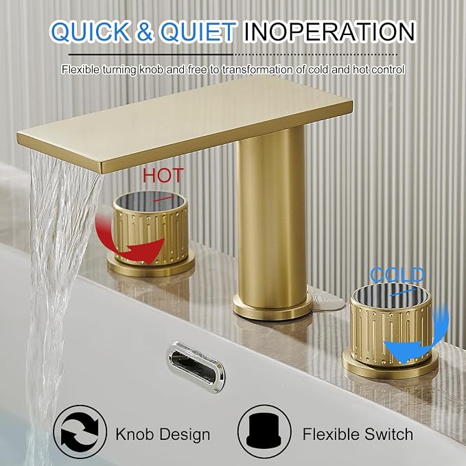 becola Brushed Gold Bathroom Faucet 3 Hole, 8 inch Widespread Bathroom Faucet with Top Storage, Waterfall Bathroom Faucet，2-Handle Modern Vanity Faucet with Adjust Knobs and Two Supply Lines