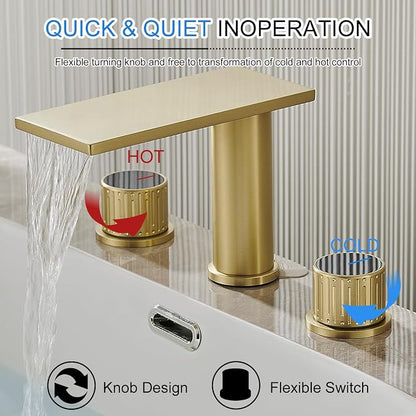becola Brushed Gold Bathroom Faucet 3 Hole, 8 inch Widespread Bathroom Faucet with Top Storage, Waterfall Bathroom Faucet，2-Handle Modern Vanity Faucet with Adjust Knobs and Two Supply Lines