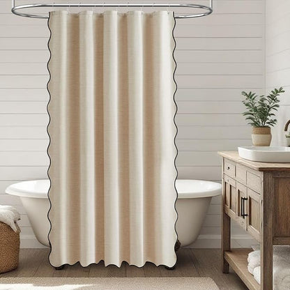 BTTN Boho Scalloped Linen Textured Cloth Shower Curtain, 60x84, Beige/Cream | Narrow Long Size, 230GSM Waterproof Polyester, Heavy Duty Fabric, 10 Plastic Hooks, Modern Farmhouse Style, Machine Washable