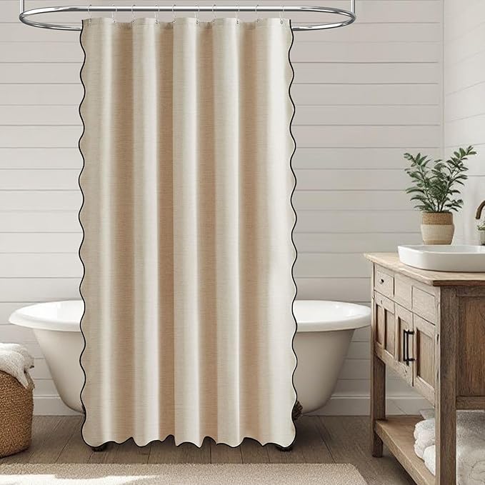 BTTN Stall Shower Curtain, 54×78 Boho Scalloped Linen Textured Heavy Duty Fabric Shower Curtain Set with 10 Hooks, Narrow Elegant Farmhouse Waterproof Cloth Shower Curtains for Bathroom, Beige/Cream
