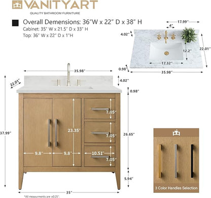 Vanity Art 36 inch Bathroom Vanity with Single Sink & Ceramic Top, Vanity Cabinet with Soft-Closing Doors, Drawers, Solid Wood Frame, Natural Oak,VA9036-NO-MB1