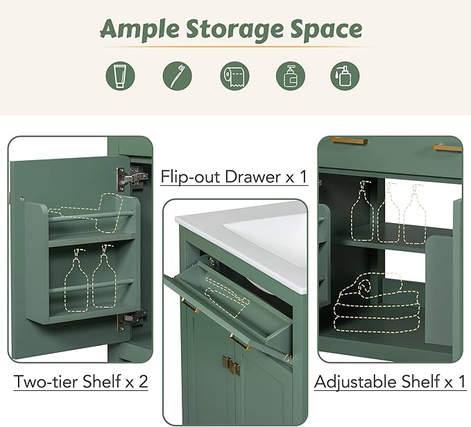Harper & Bright Designs 60" Bathroom Vanity Set with Double Sink, Vanity Cabinet with Flip Drawer, 2 Doors, and Adjustable Shelf, Solid Wood Bathroom Cabinet with Ceramic Basin for Bathroom, Green