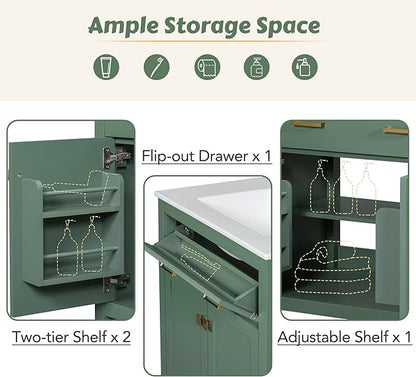 Harper & Bright Designs 60" Bathroom Vanity Set with Double Sink, Vanity Cabinet with Flip Drawer, 2 Doors, and Adjustable Shelf, Solid Wood Bathroom Cabinet with Ceramic Basin for Bathroom, Green