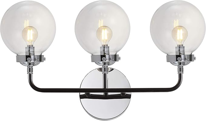 JONATHAN Y 22" Chrome/Black 3-Light LED Wall Sconce Vanity Lighting, Clear Glass Globe Shade Modern Contemporary Sconce for Bathroom Mirror, Hallway, UL Listed (JYL9058A)
