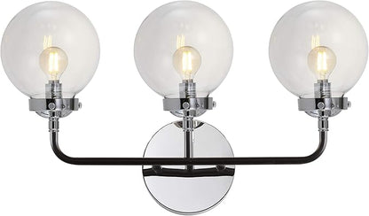 JONATHAN Y 22" Chrome/Black 3-Light LED Wall Sconce Vanity Lighting, Clear Glass Globe Shade Modern Contemporary Sconce for Bathroom Mirror, Hallway, UL Listed (JYL9058A)