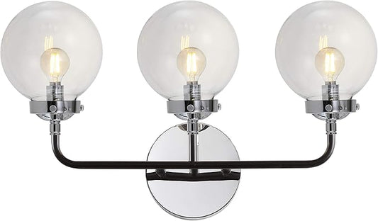 JONATHAN Y 22" Chrome/Black 3-Light LED Wall Sconce Vanity Lighting, Clear Glass Globe Shade Modern Contemporary Sconce for Bathroom Mirror, Hallway, UL Listed (JYL9058A)