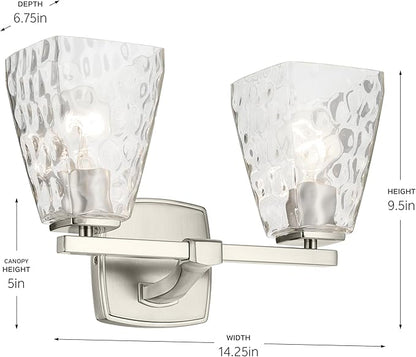 Kichler Marant 14.25" 2-Light Vanity Light with Clear Water Glass in Brushed Nickel, for Bathroom, Powder Room, Over a Mirror, (14.25" H x 9.5" H), 55215NIWTR