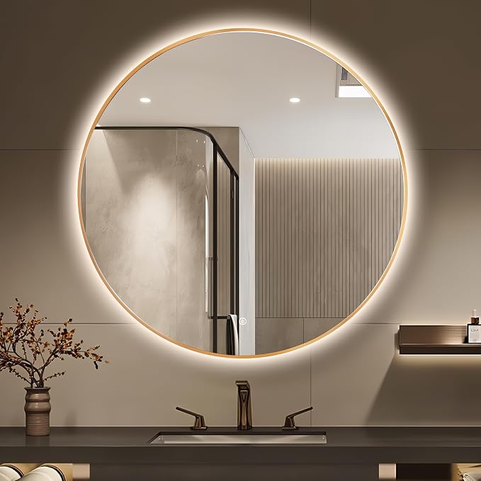 Niccy Round LED Bathroom Mirrors, Gold Framed Backlit Vanity Mirror, 48" | LED Smart Circle Mirror with 3 Color Lighting, Anti-Fog Lighted, IP65 Waterproof, Wall Mounted Bathroom Vanity
