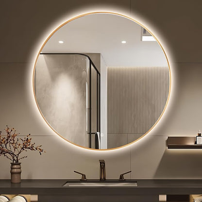 Niccy Round LED Bathroom Mirrors, Gold Framed Backlit Vanity Mirror, 48" | LED Smart Circle Mirror with 3 Color Lighting, Anti-Fog Lighted, IP65 Waterproof, Wall Mounted Bathroom Vanity