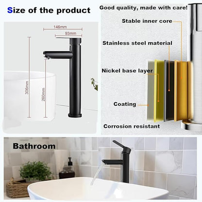 Bathroom Cold & Hot Stainless Steel Faucet, Ceramic Valve Cylinder; Silent Anti-Drip, Single Handle, Water Saving, Washbasin Sink, for Bathroom & Basin, Small Kitchen Faucet (Black-h)