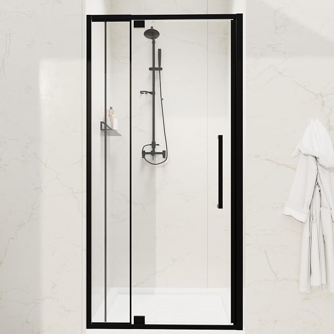32-36" W x 72" H Semi-Frameless Pivot Swing Shower Doors | 1/4" (6mm) Clear SGCC Tempered Glass with a 20.3" walk-in opening, Matte Black Finish, Reversible, Magnetic Closing