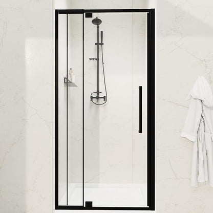 32-36" W x 72" H Semi-Frameless Pivot Swing Shower Doors | 1/4" (6mm) Clear SGCC Tempered Glass with a 20.3" walk-in opening, Matte Black Finish, Reversible, Magnetic Closing