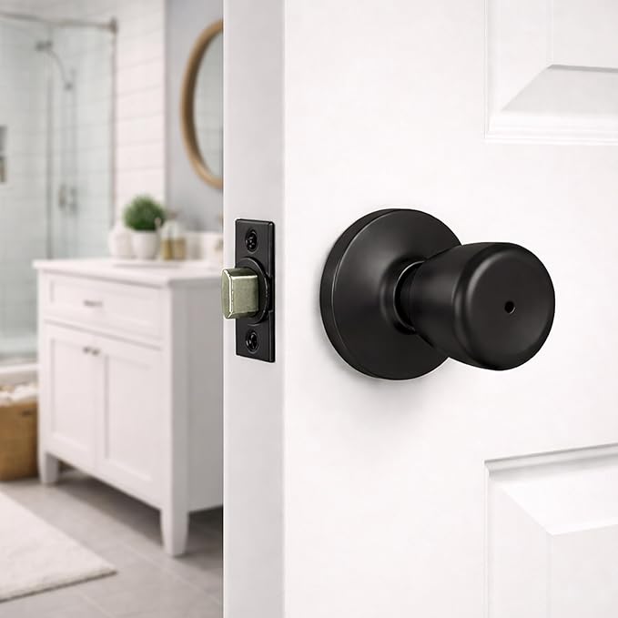 Design House Terrace Privacy Door Knob, 6-Way Universal Bed and Bath Lock, Matte Black, Adjustable Backset, ANSI Grade 3, 728675-MB