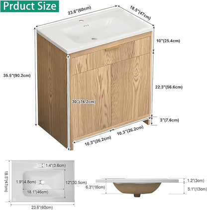 Bathroom Vanity with Sink, 24 Inch Single Bathroom Vanity with Sink with Storage Cabinet for Small Space, Freestanding Storage Bathroom Vanity with 2 Soft Closing Cabinets, Nature Wood