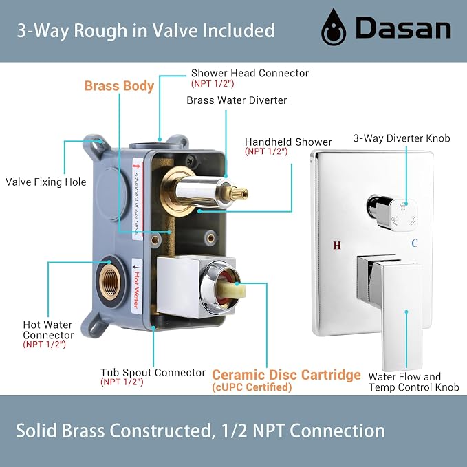 DASAN Tub Shower Faucets Sets Complete Bathtub Shower System with Waterfall Tub Spout, Chrome Bathtub Faucet Set Tub and Shower Faucet Combo Trim Kit with Valve, DA-SS04PC-S10W