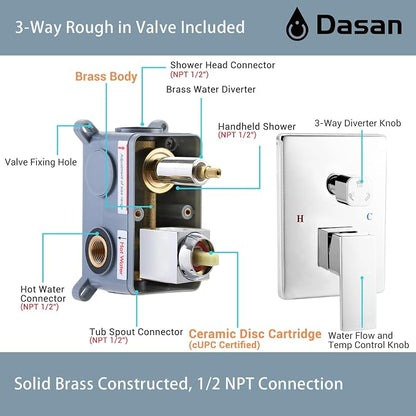 DASAN Tub Shower Faucets Sets Complete Bathtub Shower System with Waterfall Tub Spout, Chrome Bathtub Faucet Set Tub and Shower Faucet Combo Trim Kit with Valve, DA-SS04PC-S10W