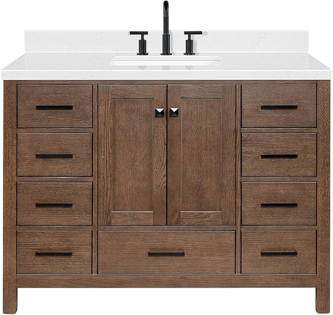 DKB Beckford 48-Inch Brown Oak Single Bathroom Vanity with Sink, 1.5-Inch Edge Carrara White Quartz Countertop & 4" Backsplash, Soft-Closing Doors & Drawers, Solid Oak Wood Construction