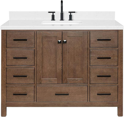 DKB Beckford 48-Inch Brown Oak Single Bathroom Vanity with Sink, 1.5-Inch Edge Carrara White Quartz Countertop & 4" Backsplash, Soft-Closing Doors & Drawers, Solid Oak Wood Construction