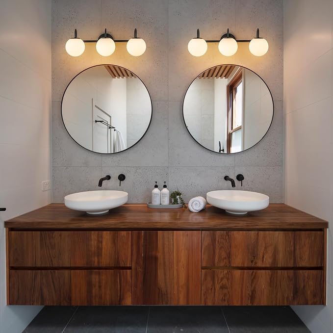 Milk Glass Vanity Light, 22.6" Modern Bathroom Light Fixtures Mid-Century Globe Vanity Light 3-Light Glass Wall Sconce Black | Mid-Century Globe Vanity Light 3-Light Bathroom Vanity Light, Up/Down Mounting Design, Glass Wall Sconce for Bathroom Hallway