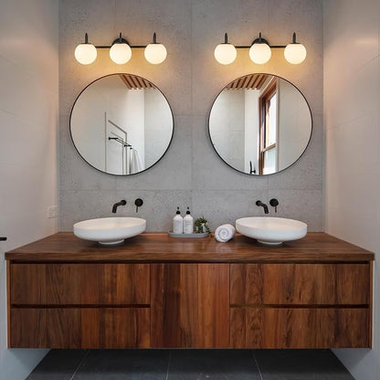 Milk Glass Vanity Light, 22.6" Modern Bathroom Light Fixtures Mid-Century Globe Vanity Light 3-Light Glass Wall Sconce Black | Mid-Century Globe Vanity Light 3-Light Bathroom Vanity Light, Up/Down Mounting Design, Glass Wall Sconce for Bathroom Hallway