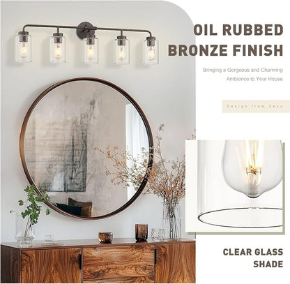 zeyu Oil Rubbed Bronze 36.9-Inch 5-Light Bathroom Wall Light, ZS62B-5W ORB | Oil Rubbed Bronze Vanity Wall Light, 36.9-Inch 5-Light Design, Clear Glass Shades, Hardwired, Up/Down Mount, ETL Listed