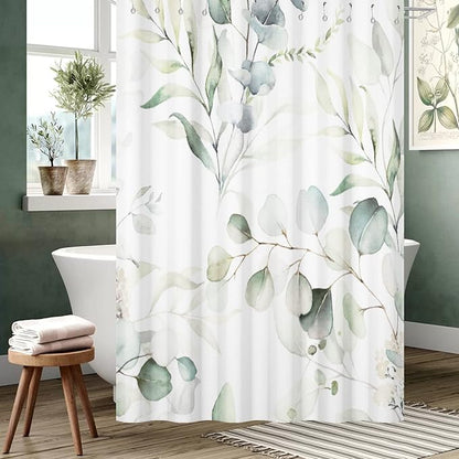Eucalyptus Leaf Waffle Shower Curtains, Weighted Bottom Sage Green Spring Watercolor Botanical Plants Textured Fabric Bathroom Curtain Bathtub Home Decor Waterproof Washable with Metal Hooks