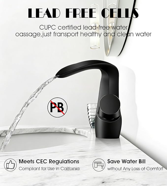 Elegant Alien Matte Black Bathroom Sink Faucet Single Hole,AUU Waterfall Black Vanity Sink Faucet Solid Brass,Single Handle Basin Tap with Pop Up Drian&Deck Plate