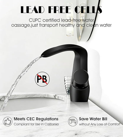 Elegant Alien Matte Black Bathroom Sink Faucet Single Hole,AUU Waterfall Black Vanity Sink Faucet Solid Brass,Single Handle Basin Tap with Pop Up Drian&Deck Plate