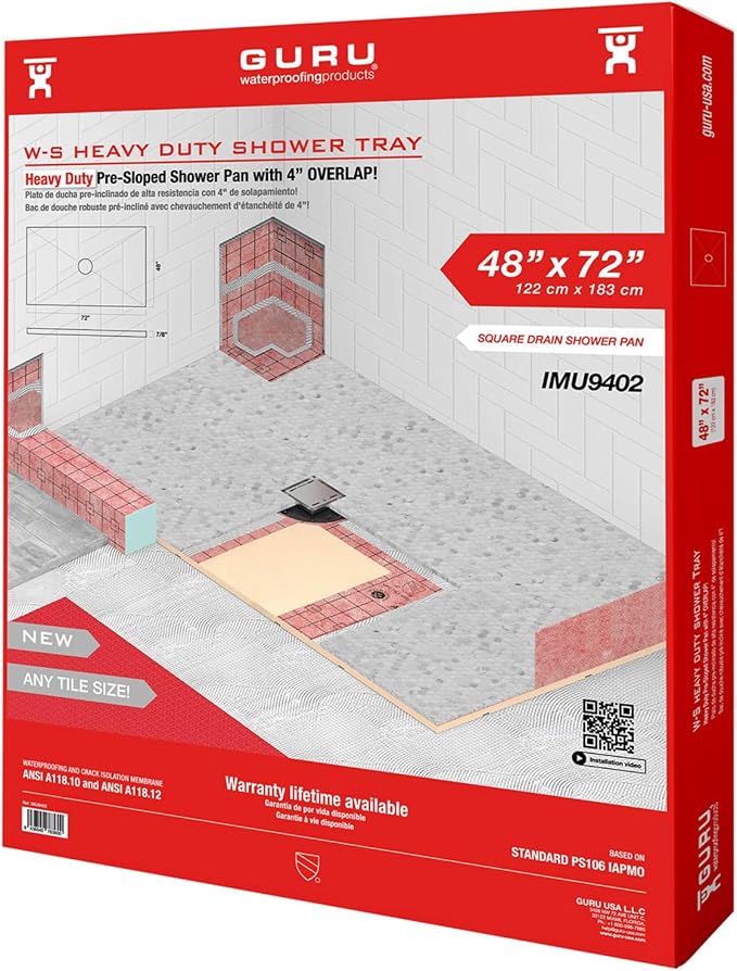GURU USA W-S Heavy Duty Shower Tray for Square Drain, Bathroom Shower Pan Kit with Pre-Sloped Shower Base & Waterproofing Membrane, 48” x 72”, Four Slopes, Center Drain