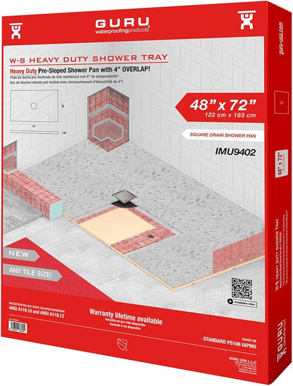GURU USA W-S Heavy Duty Shower Tray for Square Drain, Bathroom Shower Pan Kit with Pre-Sloped Shower Base & Waterproofing Membrane, 48” x 72”, Four Slopes, Center Drain