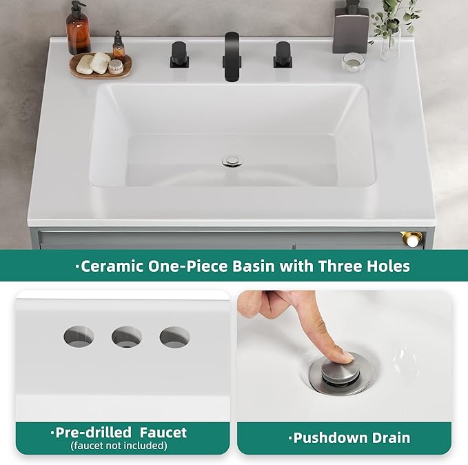 YITAHOME 31 Inch LED Floating Bathroom Vanity with Sink, Bathroom Vanities with Sensor Light, Wall Mounted Bathroom Storage Cabinet with 2 Large Drawers