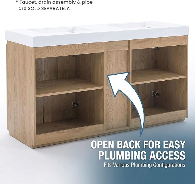 60" Double Bathroom Vanity with Sink Combo, Mid Century Modern Bathroom Cabinet with Doors & Shelves, Glossy White Integrated Sink with Overflow, Light Oak