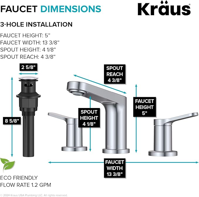 KRAUS Indy Widespread Bathroom Faucet in Chrome with 2 Handles, Pop Up Drain and Supply Lines, FUS-14103CH