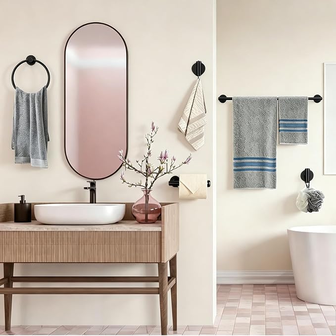 5 Pieces Matte Black Bathroom Accessories Set Towel Bar Set | 24 Inch Towel Racks Wall Mounted,Toilet Paper Holder,Towel Ring,2 Towel Hooks,Stainless Steel Bathroom Hardware Set