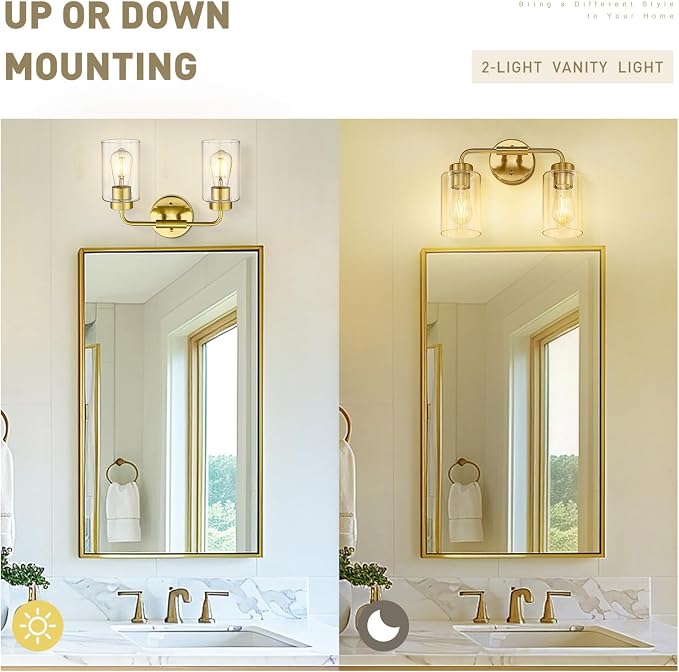 zeyu 14.4 Inch Vanity Light Fixture, Vintage Bathroom Lamp, Gold Bathroom Light Fixtures with Clear Glass Shade, Brushed Gold Finish, ZS62B-2W BG
