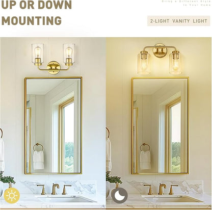 zeyu 14.4 Inch Vanity Light Fixture, Vintage Bathroom Lamp, Gold Bathroom Light Fixtures with Clear Glass Shade, Brushed Gold Finish, ZS62B-2W BG