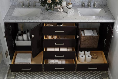 ARIEL Cambridge 66-inch Bathroom Vanity with Sink,Solid Wood, 1.5-inch Italian Carrara Marble Countertop, Double Rectangular Porcelain Sink, 4 Soft Closing Doors, 6 Dovetail Drawers, Espresso