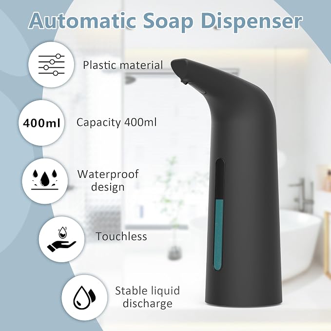 Automatic Liquid Soap Dispenser, 4-Level,Rechargeable | Plastic,13.5oz/400ml Black Touchless Electric Hand & Dish Countertop Soap Dispensers with Sensor for Bathroom,Kitchen Sink
