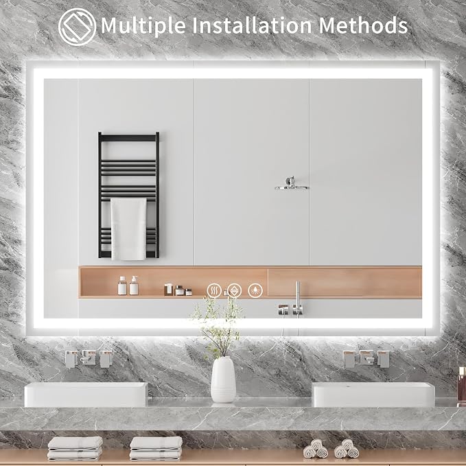 Koonmi 60x30 LED Bathroom Mirror with Light, Anti-Fog, 3 Colors | Backlit + Front Lit, Dimmable Brightness, Shatterproof HD Distortion-Free Tempered Glass, Hardware Included