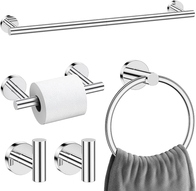 Polished Chrome Towel Bar Bathroom Hardware Accessories Set, 5 Pieces Toilet Paper Holder Towel Racks Set for Bathroom Stainless Steel Wall Mounted 23.6 in