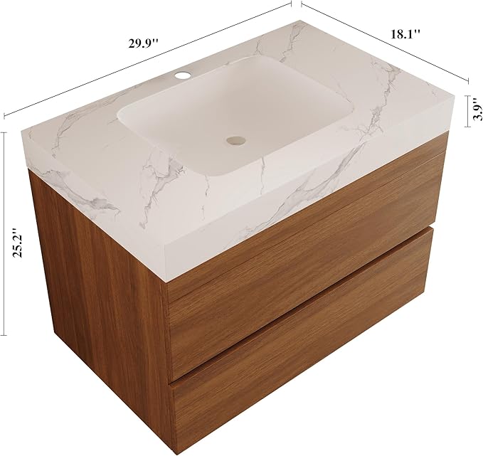 30 inch Modern Floating Bathroom Vanity with Ceramic Sink and Faux Marble Countertop, Wall-Mounted Bathroom Sink Cabinet with 2 Soft Closing Drawers for Bathroom, Powder Room, Apartment, Walnut