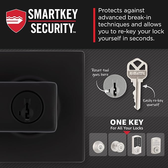 Kwikset Breton Entry Door Handle with Lock and Key, Secure Keyed Reversible Lever Exterior, For Front Entrance and Bedrooms, Matte Black , Pick Resistant Smartkey Rekey Security and Microban