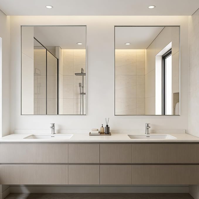Bathroom Mirror for Wall, 40x30 Inch Framed Vanity Mirror Brushed Nickel | Rectanglar Metal Beveled Framed Mirror for Over Sink, Tempered Glass, Anti-Rust, Hangs Horizontally or Vertically