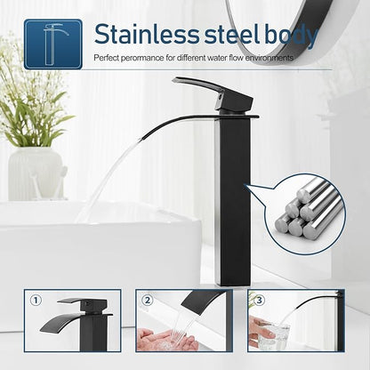Vessel Sink Faucet Black Bathroom Faucets Tall Waterfall Bathroom Bowl Sink Faucet Rv Lavatory Faucet with Supply Hose