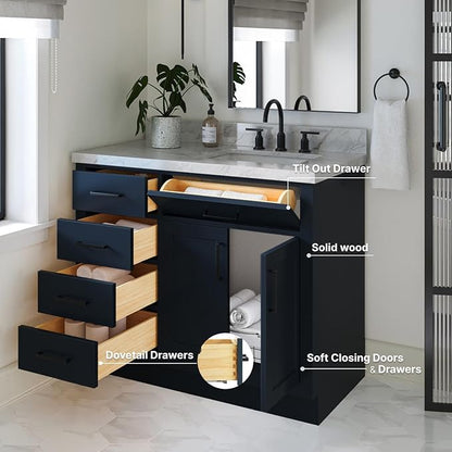 ARIEL Hepburn 42-inch Bathroom Vanity Base Cabinet,Solid Wood, 2 Soft Closing Doors, 5 Dovetail Drawers, Midnight Blue